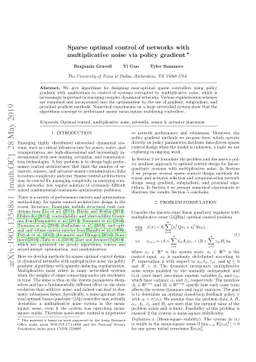Sparse optimal control of networks with multiplicative noise via policy
  gradient