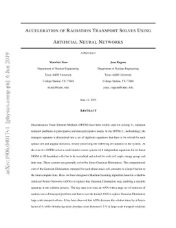 Acceleration of Radiation Transport Solves Using Artificial Neural
  Networks