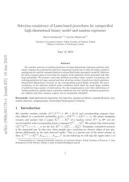 Selection consistency of Lasso-based procedures for misspecified
  high-dimensional binary model and random regressors