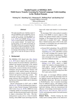 DoubleTransfer at MEDIQA 2019: Multi-Source Transfer Learning for
  Natural Language Understanding in the Medical Domain