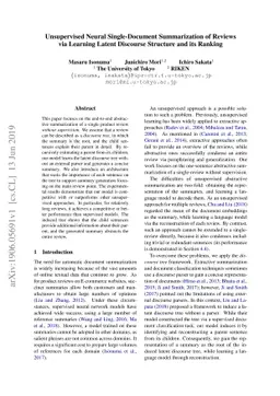 Unsupervised Neural Single-Document Summarization of Reviews via
  Learning Latent Discourse Structure and its Ranking