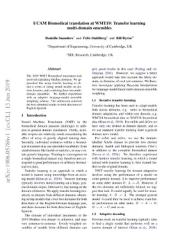 UCAM Biomedical translation at WMT19: Transfer learning multi-domain
  ensembles