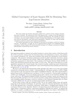 Global Convergence of Least Squares EM for Demixing Two Log-Concave
  Densities