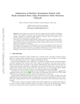 Adaptation of Machine Translation Models with Back-translated Data using
  Transductive Data Selection Methods