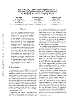 Surf at MEDIQA 2019: Improving Performance of Natural Language Inference
  in the Clinical Domain by Adopting Pre-trained Language Model