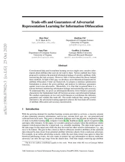 Trade-offs and Guarantees of Adversarial Representation Learning for
  Information Obfuscation