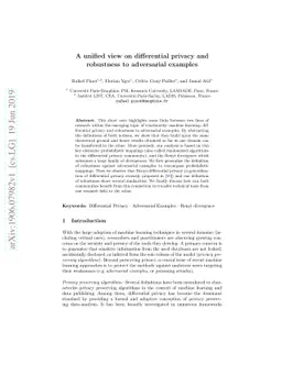 A unified view on differential privacy and robustness to adversarial
  examples