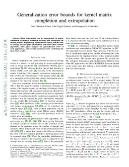 Generalization error bounds for kernel matrix completion and
  extrapolation