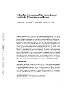 Vision-Based Autonomous UAV Navigation and Landing for Urban Search and
  Rescue