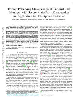Privacy-Preserving Classification of Personal Text Messages with Secure
  Multi-Party Computation: An Application to Hate-Speech Detection