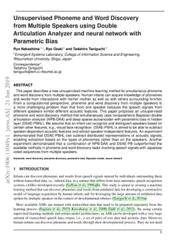 Unsupervised Phoneme and Word Discovery from Multiple Speakers using
  Double Articulation Analyzer and Neural Network with Parametric Bias