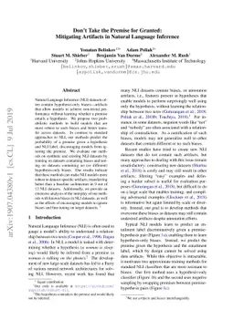 Don't Take the Premise for Granted: Mitigating Artifacts in Natural
  Language Inference