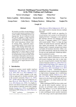 Massively Multilingual Neural Machine Translation in the Wild: Findings
  and Challenges