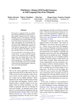 WikiMatrix: Mining 135M Parallel Sentences in 1620 Language Pairs from
  Wikipedia