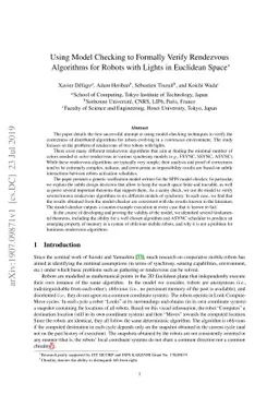 Using Model Checking to Formally Verify Rendezvous Algorithms for Robots
  with Lights in Euclidean Space