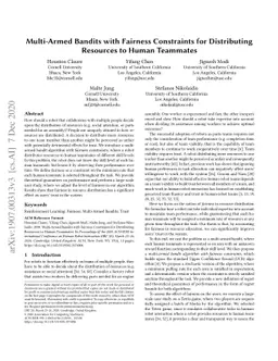Multi-Armed Bandits with Fairness Constraints for Distributing Resources
  to Human Teammates