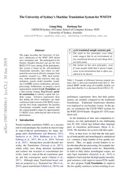 The University of Sydney's Machine Translation System for WMT19