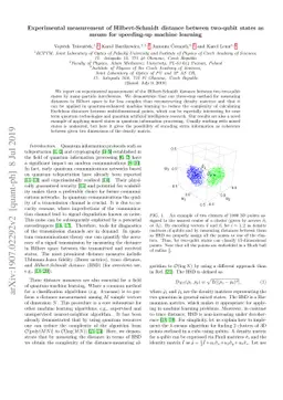 Experimental measurement of Hilbert-Schmidt distance between two-qubit
  states as means for speeding-up machine learning