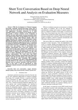 Short Text Conversation Based on Deep Neural Network and Analysis on
  Evaluation Measures