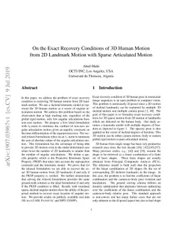 On the Exact Recovery Conditions of 3D Human Motion from 2D Landmark
  Motion with Sparse Articulated Motion