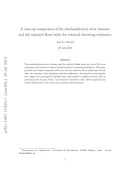 A close-up comparison of the misclassification error distance and the
  adjusted Rand index for external clustering evaluation