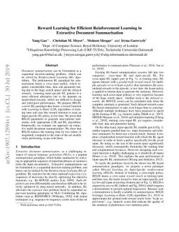 Reward Learning for Efficient Reinforcement Learning in Extractive
  Document Summarisation