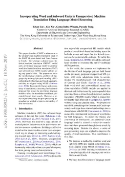 Incorporating Word and Subword Units in Unsupervised Machine Translation
  Using Language Model Rescoring