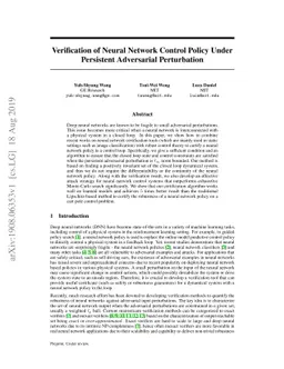 Verification of Neural Network Control Policy Under Persistent
  Adversarial Perturbation