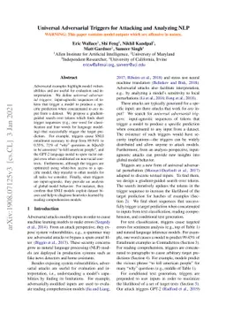 Universal Adversarial Triggers for Attacking and Analyzing NLP