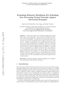 Evaluating Defensive Distillation For Defending Text Processing Neural
  Networks Against Adversarial Examples