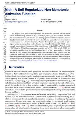 Mish: A Self Regularized Non-Monotonic Activation Function