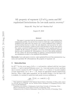 KL property of exponent $1/2$ of $\ell_{2,0}$-norm and DC regularized
  factorizations for low-rank matrix recovery