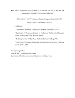 Knee menisci segmentation and relaxometry of 3D ultrashort echo time
  (UTE) cones MR imaging using attention U-Net with transfer learning