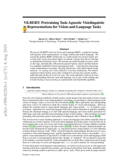 ViLBERT: Pretraining Task-Agnostic Visiolinguistic Representations for
  Vision-and-Language Tasks