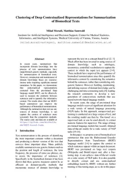 Clustering of Deep Contextualized Representations for Summarization of
  Biomedical Texts