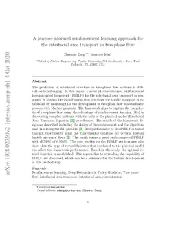 A physics-informed reinforcement learning approach for the interfacial
  area transport in two-phase flow