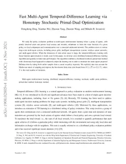 Fast Multi-Agent Temporal-Difference Learning via Homotopy Stochastic
  Primal-Dual Optimization