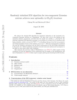 Randomly initialized EM algorithm for two-component Gaussian mixture
  achieves near optimality in $O(\sqrt{n})$ iterations