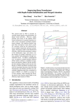 Improving Deep Transformer with Depth-Scaled Initialization and Merged
  Attention