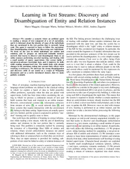 Learning in Text Streams: Discovery and Disambiguation of Entity and
  Relation Instances
