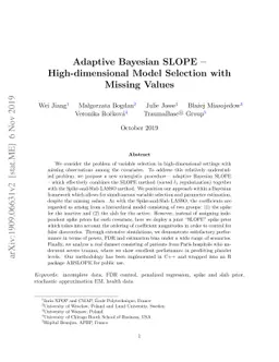 Adaptive Bayesian SLOPE -- High-dimensional Model Selection with Missing
  Values