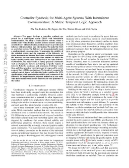 Controller Synthesis for Multi-Agent Systems With Intermittent
  Communication: A Metric Temporal Logic Approach