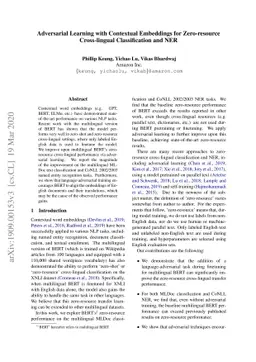 Adversarial Learning with Contextual Embeddings for Zero-resource
  Cross-lingual Classification and NER