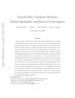 Neural Policy Gradient Methods: Global Optimality and Rates of
  Convergence