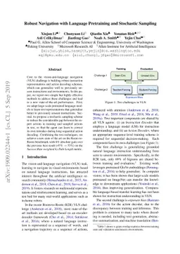Robust Navigation with Language Pretraining and Stochastic Sampling