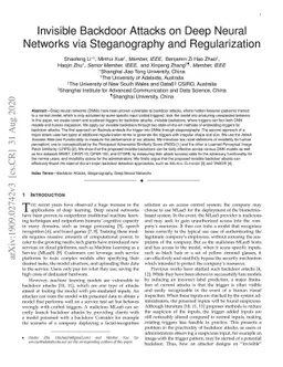 Invisible Backdoor Attacks on Deep Neural Networks via Steganography and
  Regularization