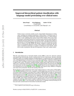 Improved Hierarchical Patient Classification with Language Model
  Pretraining over Clinical Notes