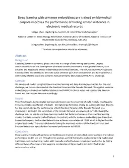 Deep learning with sentence embeddings pre-trained on biomedical corpora
  improves the performance of finding similar sentences in electronic medical
  records