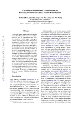Learning to Discriminate Perturbations for Blocking Adversarial Attacks
  in Text Classification
