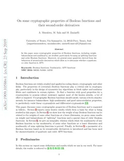 On some cryptographic properties of Boolean functions and their
  second-order derivatives